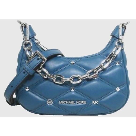 New Michael Kors Cora Extra-Small Quilted Shoulder Bag Mini Zip Pouchette Teal - Picture 2 of 6